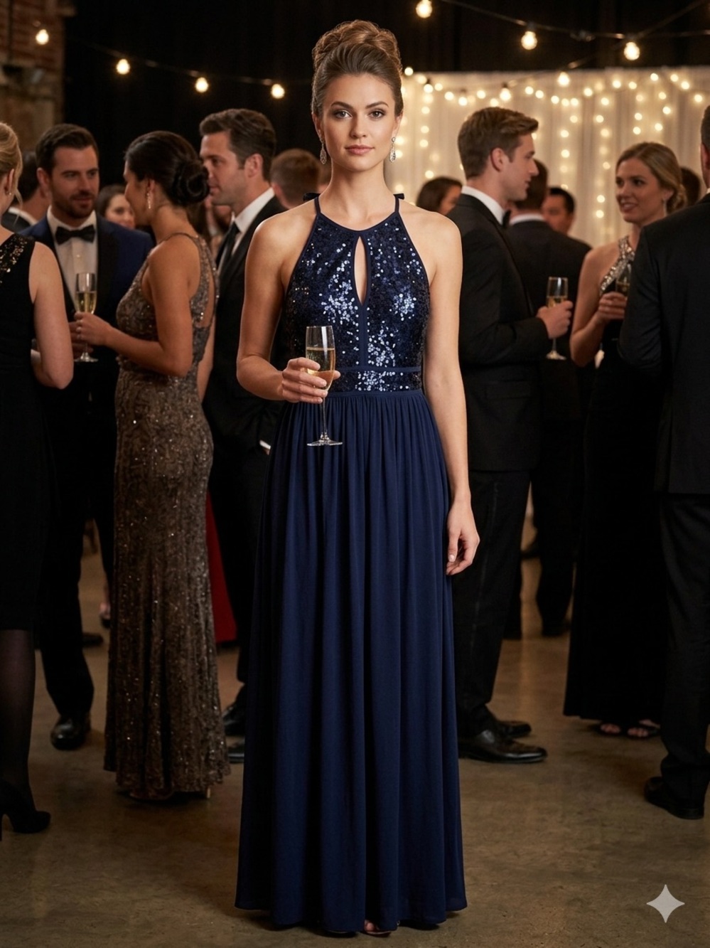 NW Nightway Navy Blue Sequin Halter Evening Gown Dress 12P Petite